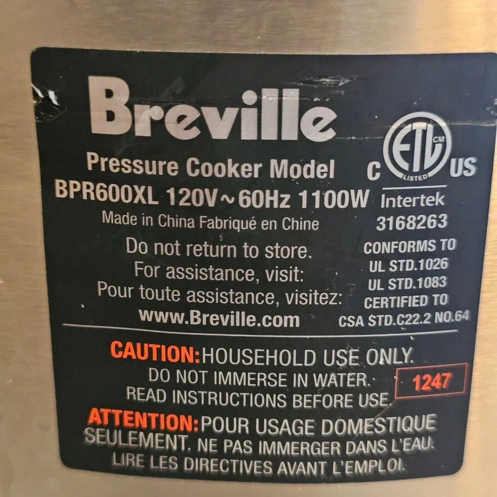 Breville BPR600XL Fast Slow Cooker 6 Qt Pressure Stainless Steel 1100W